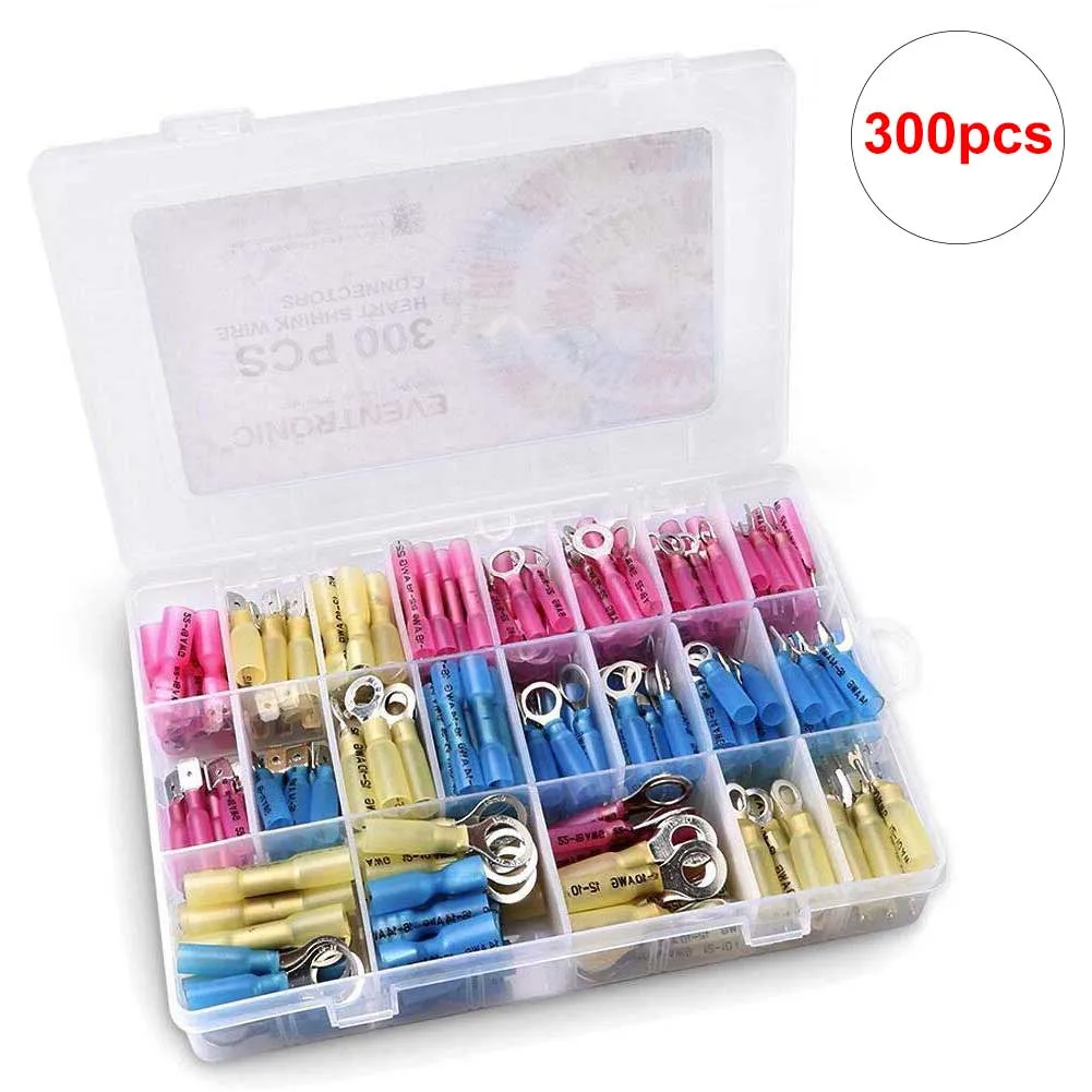 

300pcs/set Marine Heat Shrink Electrical Connector Wire Terminal Ring Waterproof Flame Retardant Copper Automotive Protective