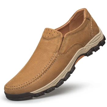 

Autumn Leather Sneakers For Men Genuine Leather Walking Shoes For Men Khaki Men Original Leather Shoes Slip On Sneakers Mens