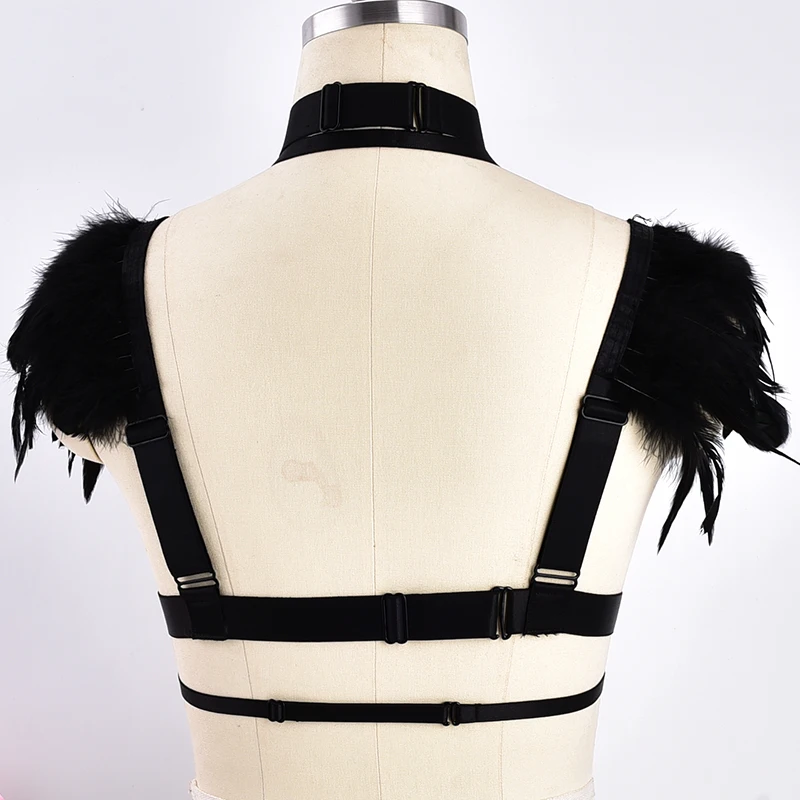 Pastel Goth Wedding Wings Feather Bra Sexy Body Harness  Epaulettes Feather Dress Fetish Festival Rave Wear Crop Top Body Cage