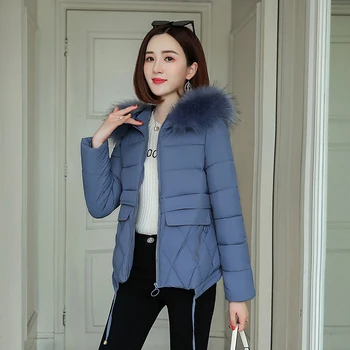 

2020 New Winter Jacket Women Warm Fashion Short Hooded Parka Coat Drawstring Slim Fur Collar Jacket Female Office Lady