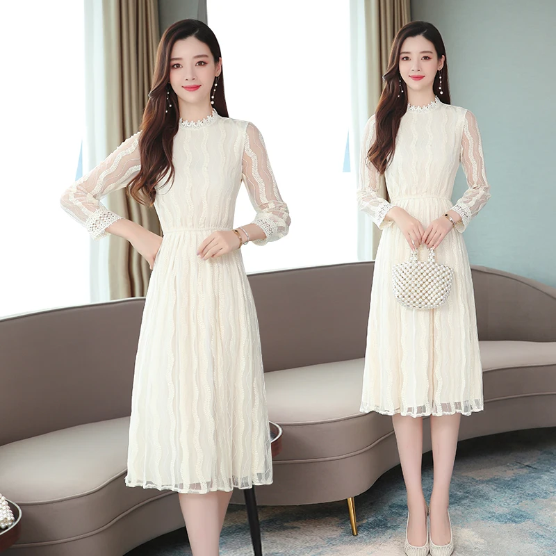 

Autumn Spring Lace Apricot Slim Fairy Dress Female Midi Elegant Casual Party Lady Dress Vintage Long Sleeve Korean Runway Dress