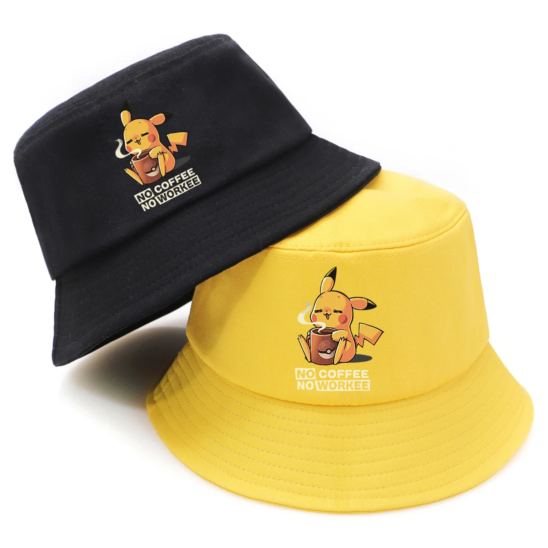 Pikachu Print Summer Hat Fisherman Cap Woman Man Foldable Bucket Hat 2020 Fashion No Coffee No Workee Harajuku Panama Bucket Hat