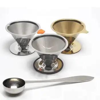 

V60 Stainless steel coffee filter with base without filter paper filter tool permanent use easy to clean home coffee filter