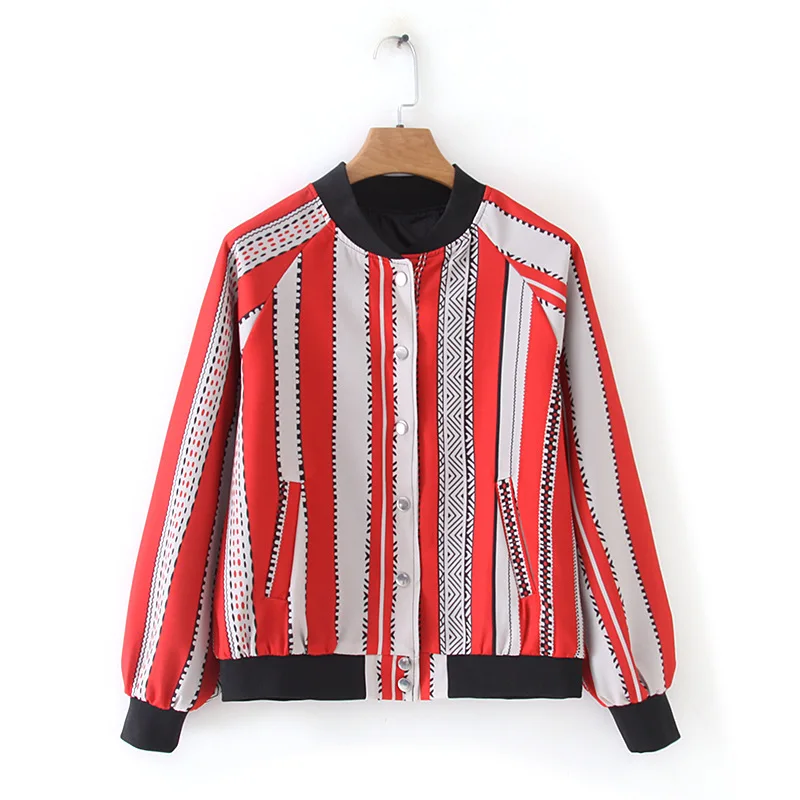 

F2015-Western Style WOMEN'S Dress 2019 Spring And Autumn New Style Stand Collar Red And White Striped Jacket Women's