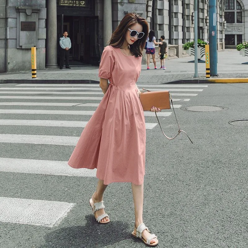 

Photo Shoot CHIC Vigorous GIRL'S Sweet Cloudy Blue Crew Neck Both Sides Waist Hugging Back Single-Breasted A- line Dress OL