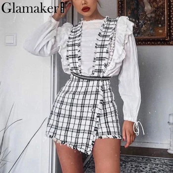 

Glamaker Fringe strap tweed skort culottes high waist skirt mini black skirt women bottoms Sexy party club a line skirt female