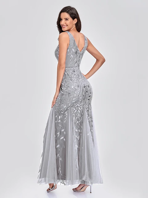 Sleeveless V-neck Tulle Sequins Cocktail Dresses V-back Mermaid Party Prom Gowns Women Formal Occasion Embroidered Robe Vestioes Silver