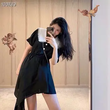 

Vintage Summer Dresses 2020 Ladies Short Sleeves Peter pan White Collar Black Buttons Runway Fashion Mini Asymmetric Dress