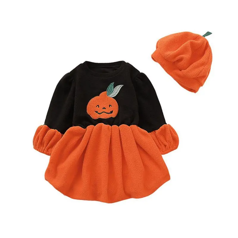 

TBaby Girls Clothes Set for Halloween Pumpkin Print Costumes Dress Hat Kids Casual Long Sleeve Tutu Sundress Set