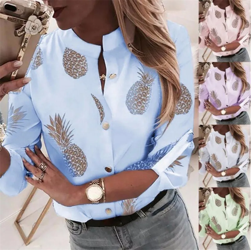 

Women Shirts for Streetwear Patchwork Design Button Decor O-Neck Pineapple Print Top Elegant Lady Autumn Casual Slim Shirts