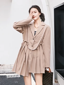 

Solid Asymmetric Pleated Suit Dress Autumn Notched Long Coat Women Blazers