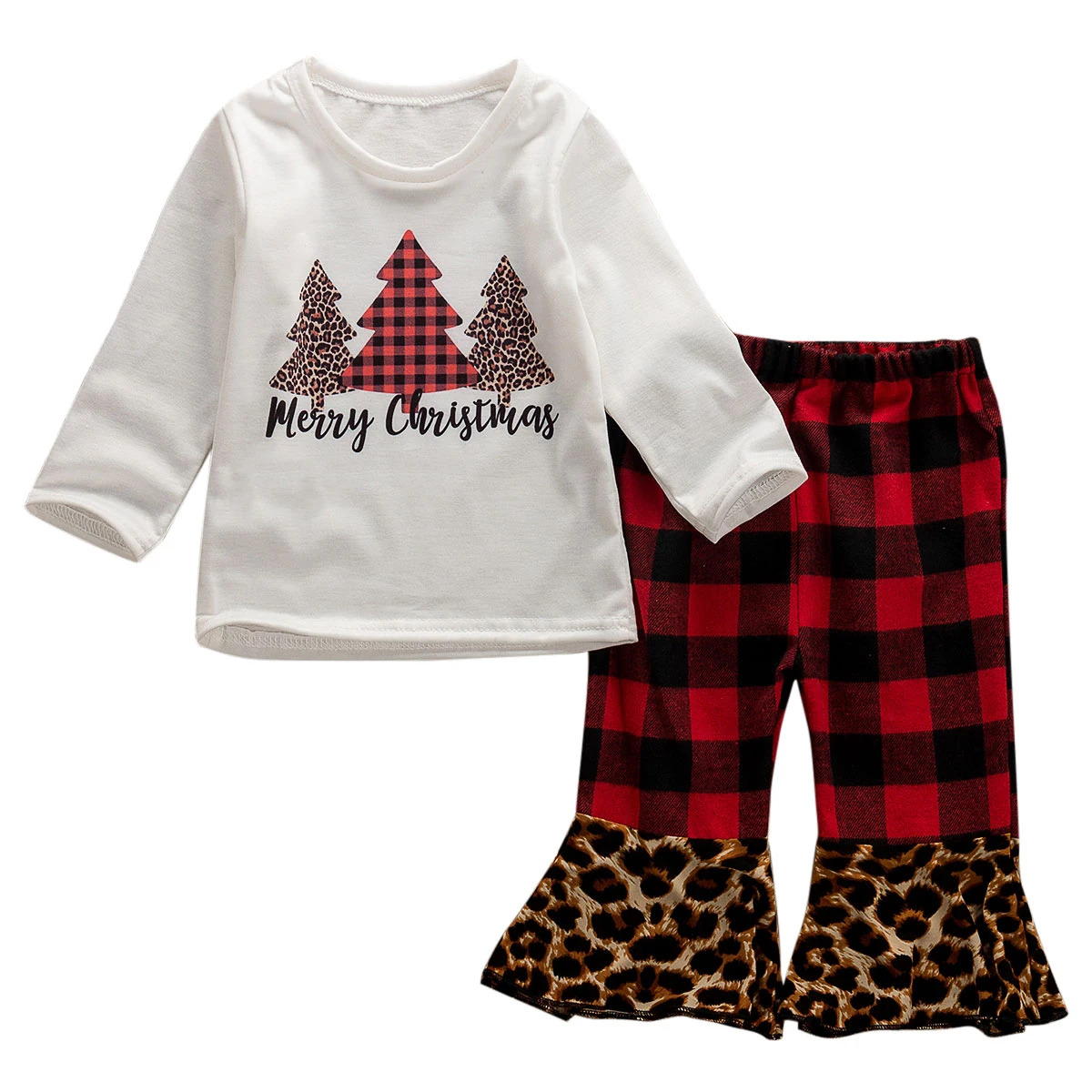 Рождественская Одежда для новорожденных девочек из 2 предметов топы с длинными рукавами с принтом дерева+ клетчатые штаны с леопардовым принтом Набор детских нарядов для малышей