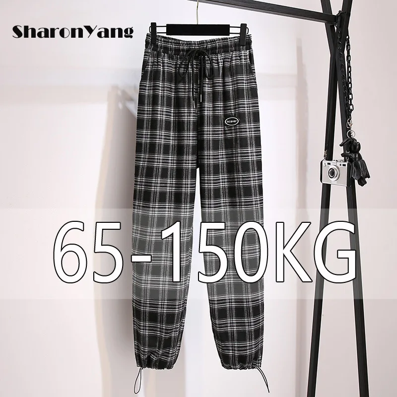 

150KG Fat Sister Plaid Pants Women Loose Straight Wide Leg Thicken Pants 2021 Autumn Large Size Elastic High Waist Velvet Pants