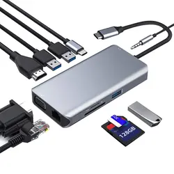 USB C концентратор, Тип C адаптер переменного тока, 10-в-1 ключ с Ethernet, 4K HDMI, VGA, 3 USB3.0, светодиодный дисплей, SD/TF Card Reader устройство чтения карт