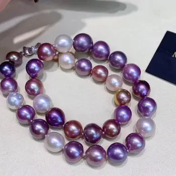 

D419 Pearl Necklace Fine Jewelry Almost Round 11-13mm Natural Fresh Water Mix Color Purple Pearls Necklaces for Women