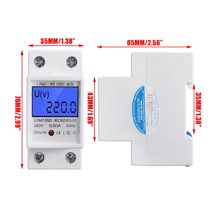 5-32A 230V Digital Backlight Display Rail Single Phase Energy Watt Energy Meters