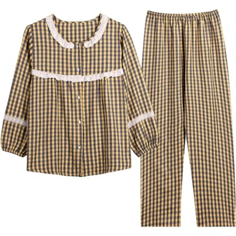 

Daeyard Women's Plaid Pajama Set Sexy Lace Trimmed Shirts Cute Girl's Cotton Sleepwear Autumn 2 Pieces Pyjamas Home Clothes