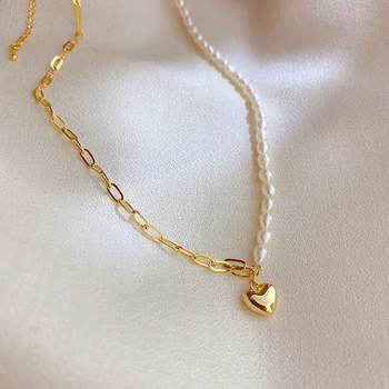

SRCOI Natural Freshwater Pearls Asymmetric Beaded Chain Chokers Necklace Metal Love Pendant Clavicle Necklace Women Jewelry