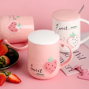 

450ml Creative Cartoon Strawberry Milk Mug Children Breakfast Mug Korean Fashion Style Spoon Handle with Lid Girlfriend Gift