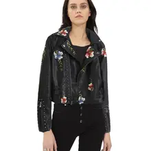 2021 New Womens Long Sleeve Floral Embroidered Turn-down Collar Leather Jacket Sportswear Fashion Motorcycle Coat