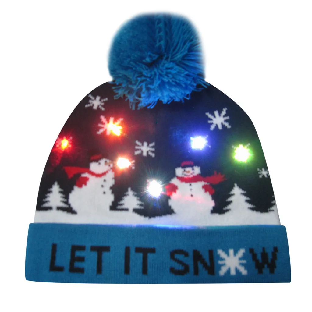 Рождественская шапка с мультяшным принтом, Рождественский светодиодный светильник, Вязаная Шапка-бини, мягкая утолщенная шапка, Зимняя шляпа сомбреро - Цвет: Синий