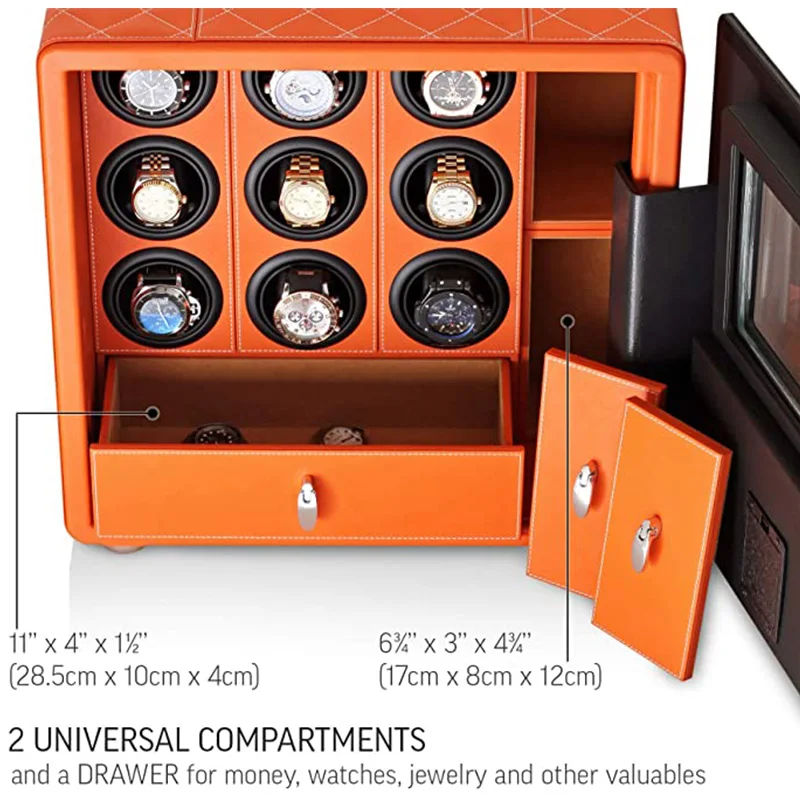 Custom Luxury Biometric Watch Winder Safe Box with 6, 9, or 12 Automatic Watch Rotating... - SKU LAWW1107 - UGI Packaging