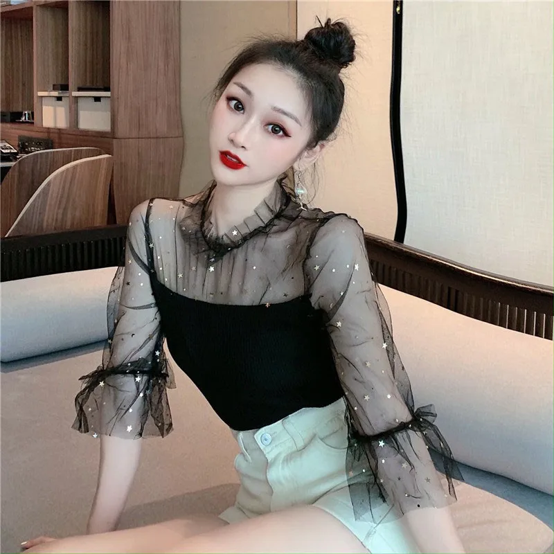 Милый кружевной топ из сетки и блесток лето 202 сексуальный трикотажный с пятью