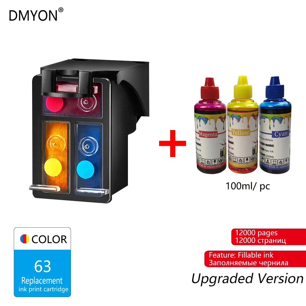 DMYON 63XL чернильный картридж Замена для Hp 63 для Officejet 3833 5255 5258 4520 4650 3830 3831 с чернилами Hp DeskJet 2130 1112 3632 принтер - Цвет: Tri-color