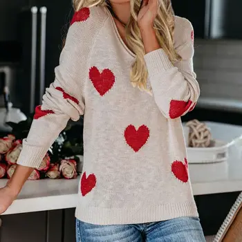 

Laamei V-neck Autumn Sweater For Women Knitted Sweater Female Tops Long Sleeve Pullovers Heart Sweaters Cute Streetwear Outfits