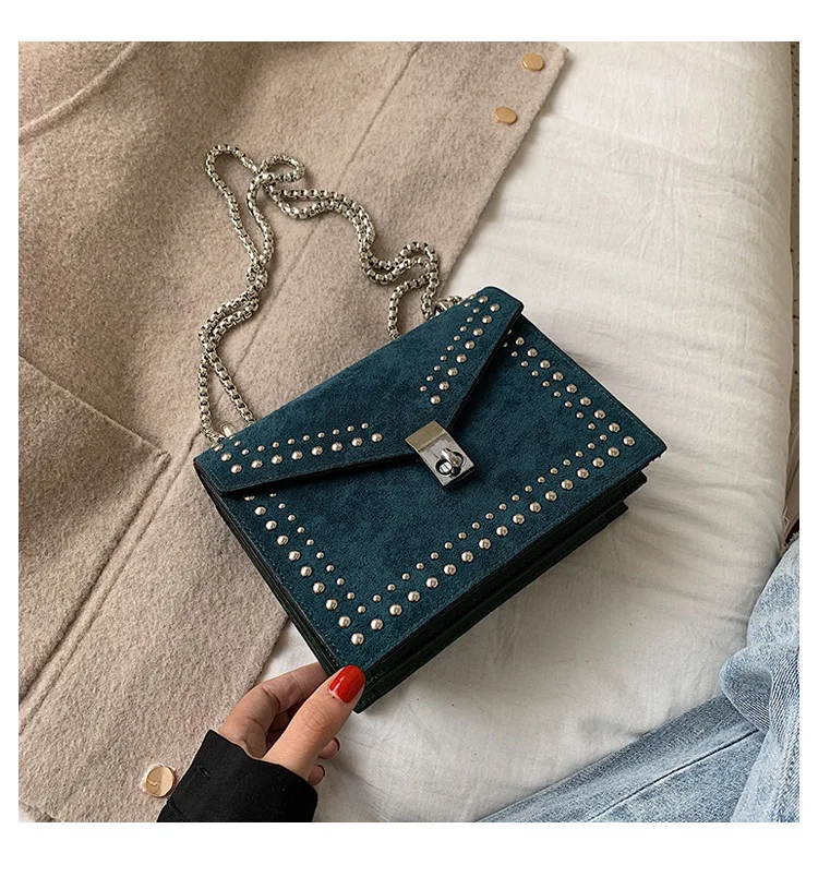 Vintage Leather Crossbody Bags For Women Travel Handbag Chain Fashion Rivet Lock Small Shoulder Messenger Bags Female Flaps - Цвет: Синий