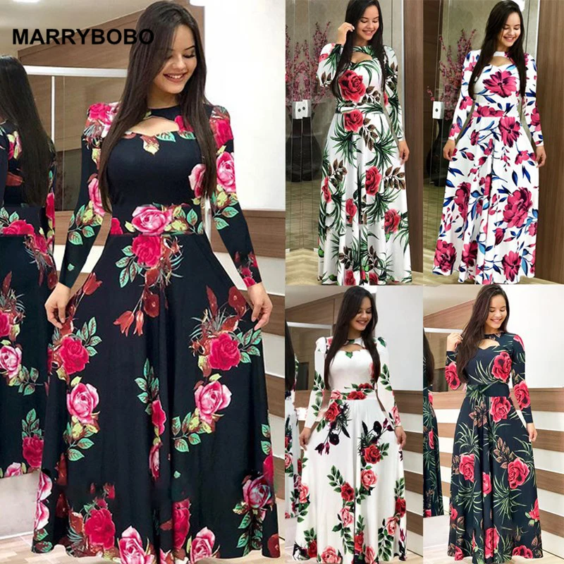 5XL Elegant Floral Print Bohemian Dress Spring Casual O-Neck A-Line Maxi 2020 Vintage High Waist Party Dresses Plus Size | Женская