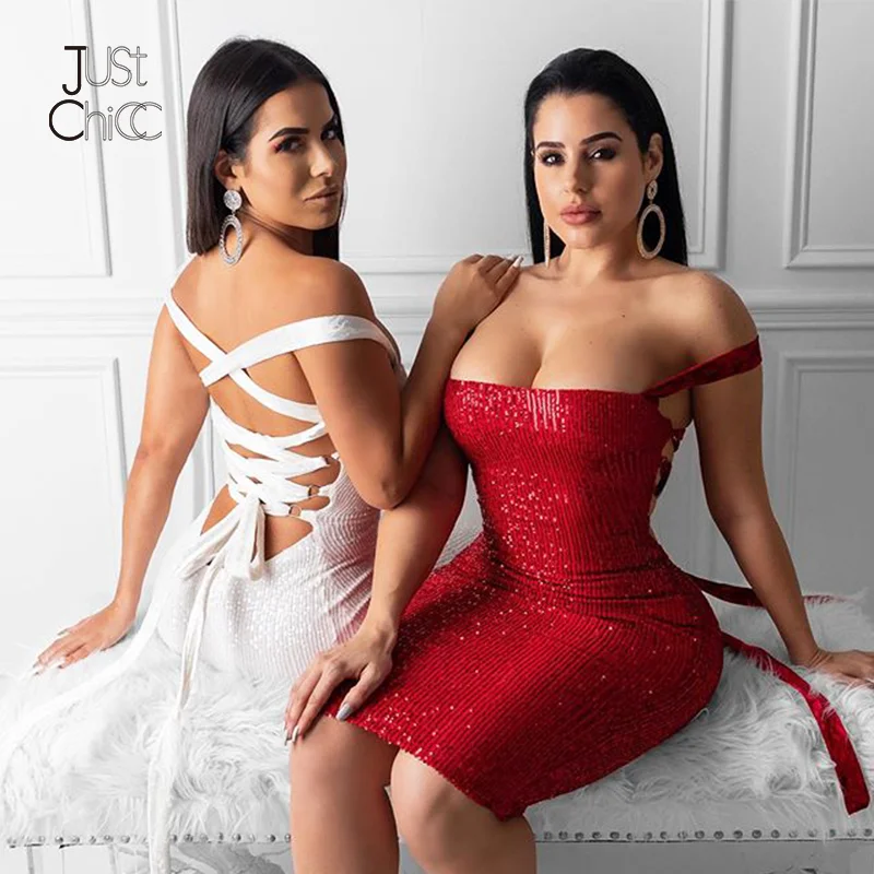 

Justchicc Bandage Summer Party Sequin Dress Women Slash Neck Sheath Dress Spaghetti Strap Sleeveless Bodycon Sexy Dress Vestidos