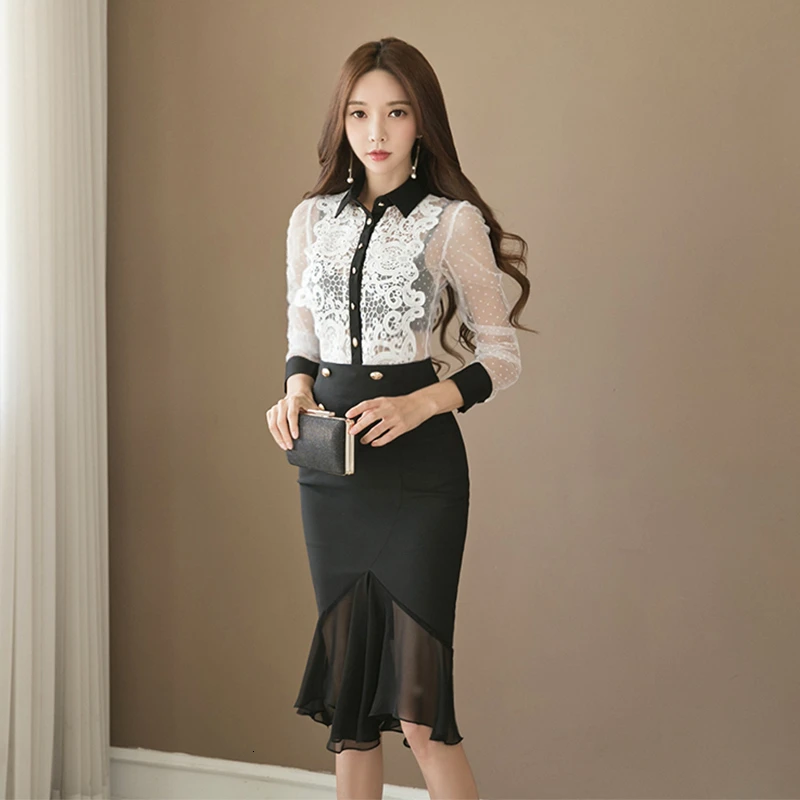 

Autumn Two Piece Sets Women Korean Style New Perspective Lace Mesh Gauze Lapel Long-sleeved Shirt + Ruffles Bodycon Skirt Suits