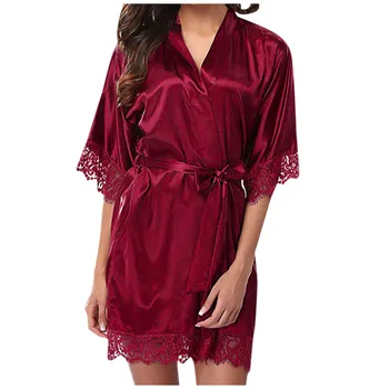 

Sleepwear Women Robe Nightgown Lady Sexy Lace Satin Pure Color Bathrobe Nightwear Suit V-neck Bandage Bath Robe Kimono Female