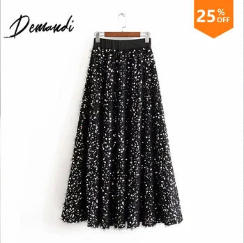 

2020 spring new women's sequined pleated skirt women's high waist elastic retro beaded fluff mid-length skirt ladies temperament