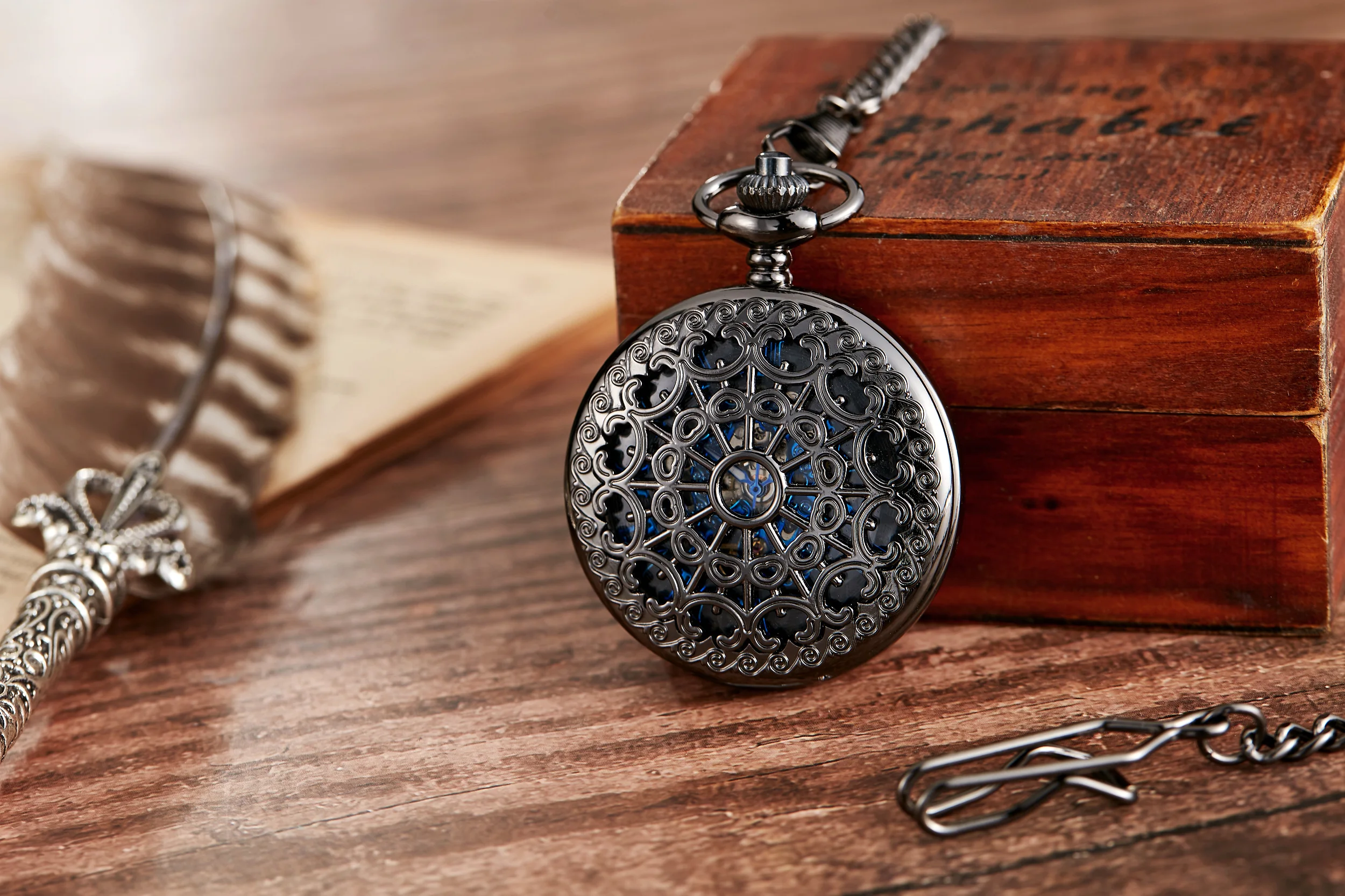 Luxury Hollow Carved Antique Black Pocket Watch FOB Chain Necklace Pendants Roman Numerals Watch