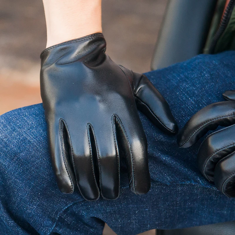 

Men's Genuine Leather Fitness Gloves With Velvet Soft Goatskin Male Warm Winter Touch Screen Driving Black Gloves NR69