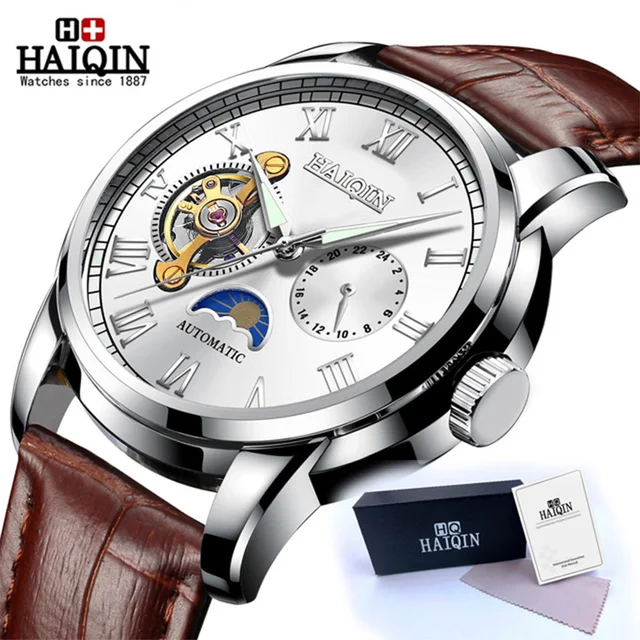 HAIQIN Automatic Mechanical Watch Men Stainless Steel Watches Mens Brand Luxury Business Waterproof Wristwatch relogio masculino Silver White
