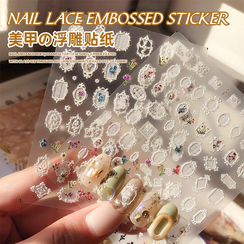 

Nails Art Lovely Lace Frame Flowers Square Round 3D Engraved Sticker Decals Self Adhesive Slider Wraps Manicure Decoration