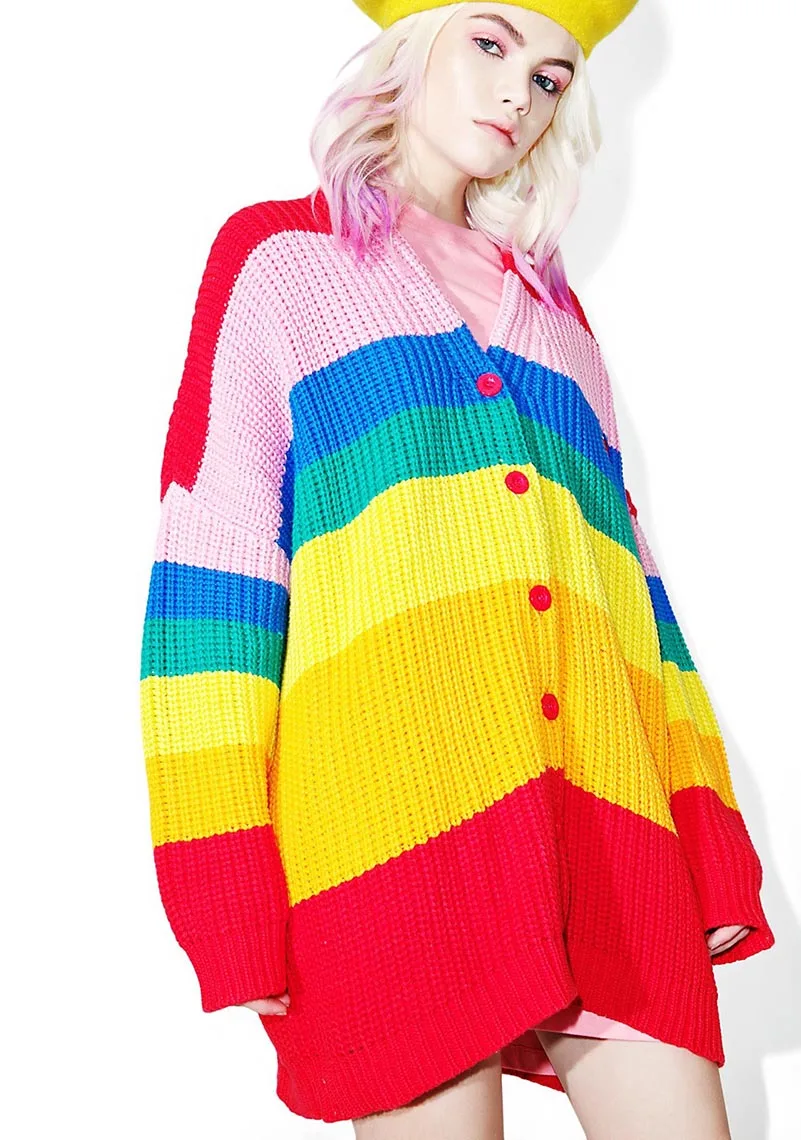 NiceMix осень Харадзюку Радужный кардиган женское свободное пончо летучая мышь негабаритных свитера с буквенной вышивкой джемпер - Цвет: Многоцветный