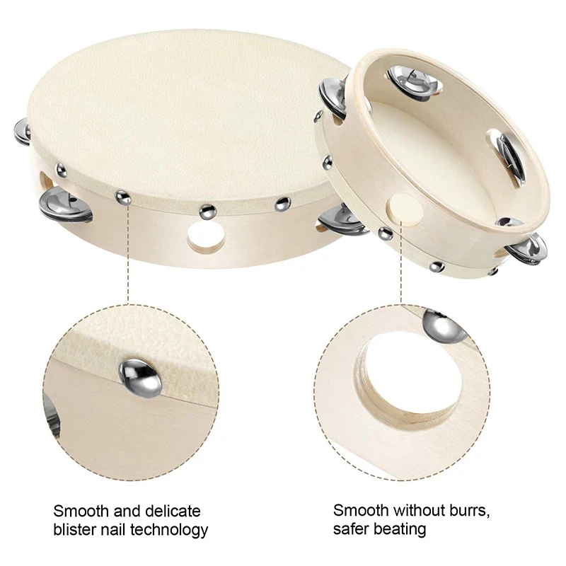 2 Pieces(6 Inch and 8 Inch) Wood Handheld Tambourine with Jingle Bells