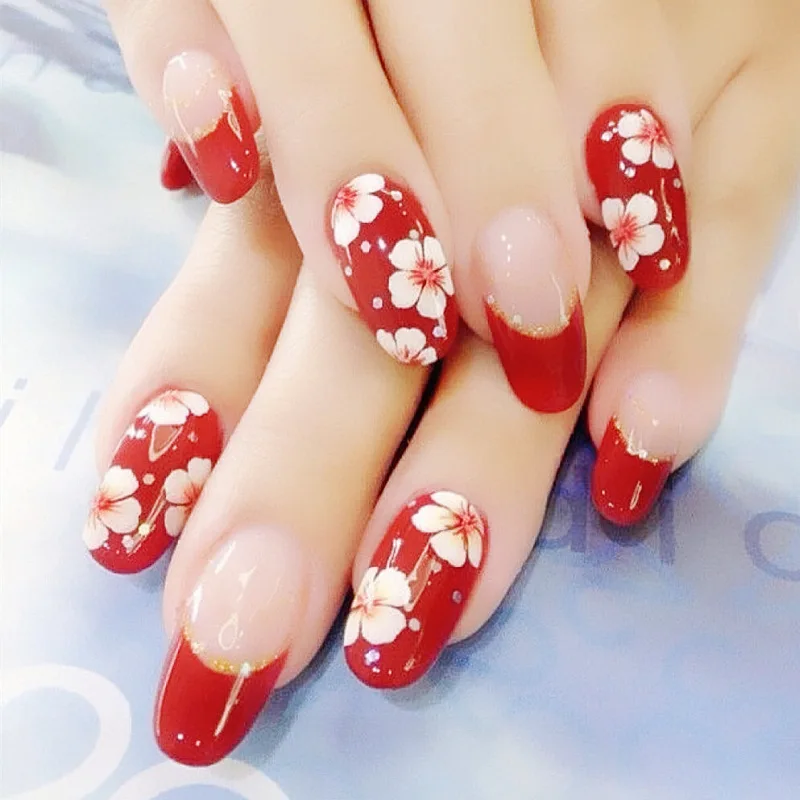 

24 Pcs French Fake Nails Artificial Red False Nails For Manicure Fashion Design Lady Fingernails DIY Nail Art 217