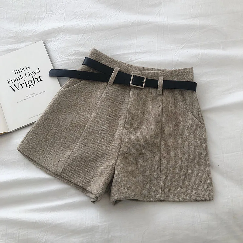 Tanie Spodenki damskie zimowe jednokolorowe wełniane szorty wysokie Wiast szerokie nogawki krótkie spodnie zapinane na pasek damskie spodenki booty