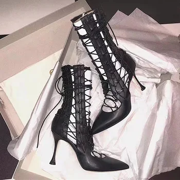 

Cross-tied Sandals Women Pointed Toe Ankle Botines Thin Heel Summer Shoes Woman High Heels Fashion Black Cut-outs Ladies Shoes