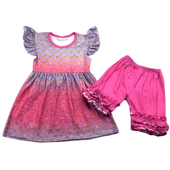 

Glitter persnickety girl smock tunic baby clothing set flutter pastel fish scale summer kid girl shorts outfit