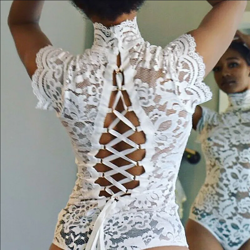 Women Sexy Sissy Lace Bandage See Through Lingerie Nightwear G-String Underwear Erotic Jumpsuit