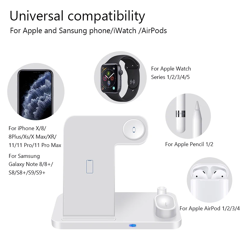 4 в 1 Беспроводной Зарядное устройство 10 Вт быстрой зарядки для iPhone 11/11pro/X/XS/XR/Xs Max/8/8plus для наручных часов Apple Watch, 5, 4, 3, 2, Airpods карандаш Pad