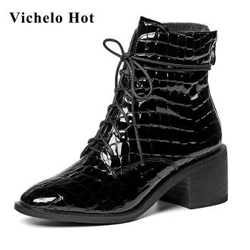 

Vichelo Hot natural leather round toe high heels gingham special design cross-tied European style high quality ankle boots L7f6