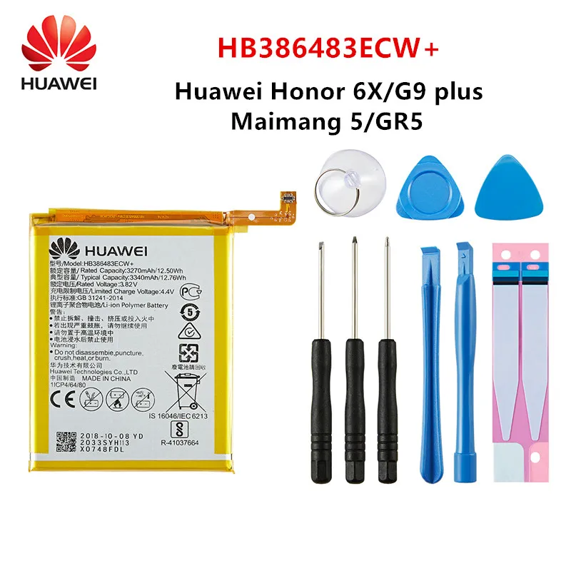 

Hua Wei 100% Orginal HB386483ECW+ 3340mAh Battery For Huawei Maimang 5 Honor 6X G9 plus GR5 2017 MLA-AL00/AL10 Batteries +Tools