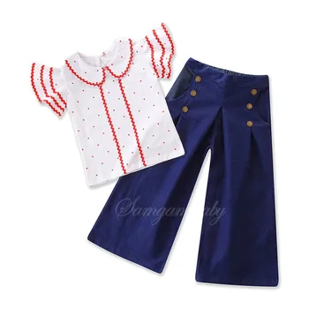 

2020 Girls Suit Summer Polka Dot Collar Shirt + Denim Wide Leg Pants